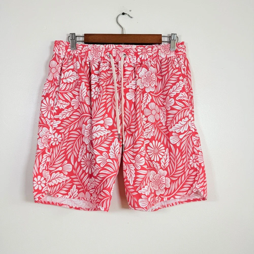 Fair Harbor The Bayberry Floral Tropical Swim Trunk Shorts Size Medium Red White